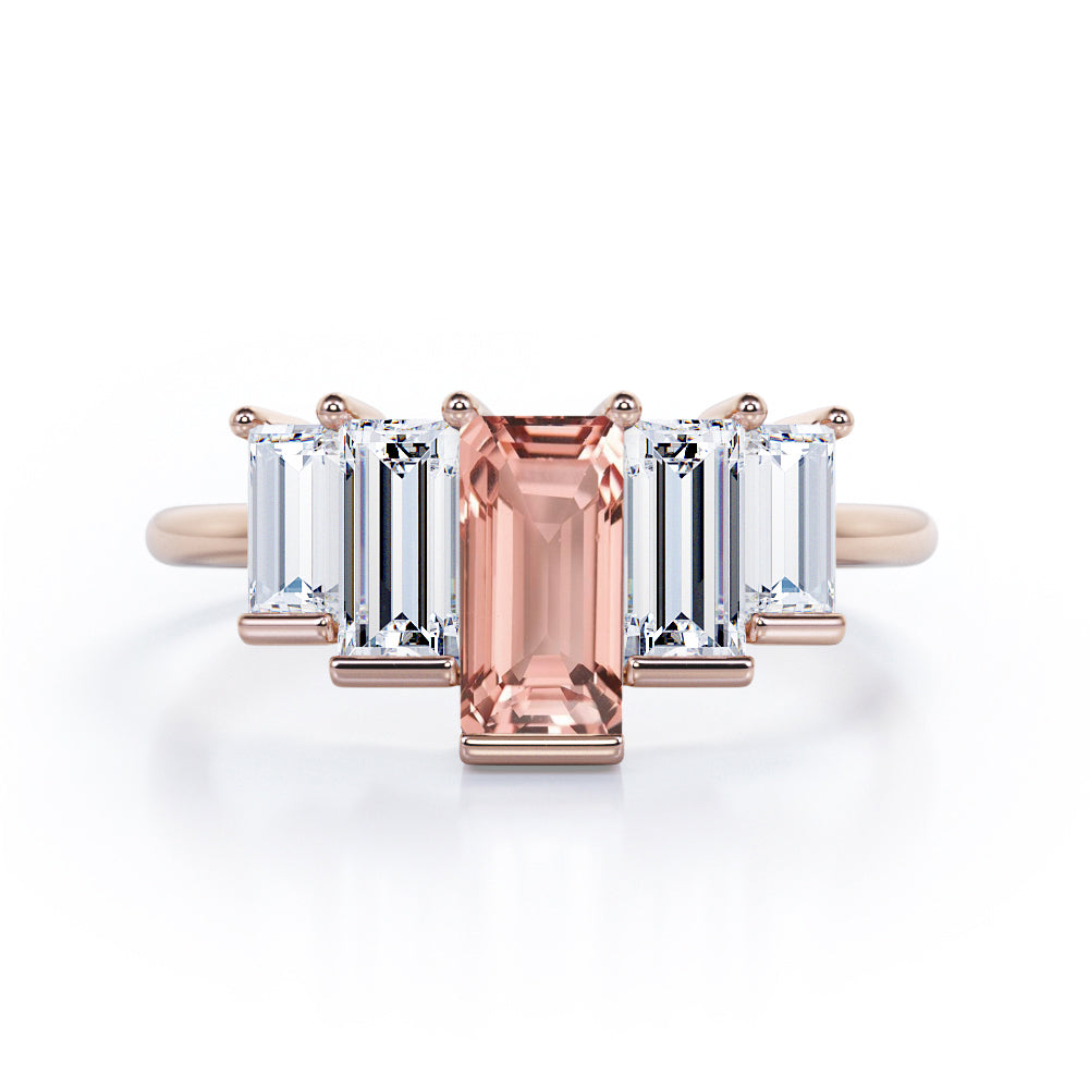 Graduated Baguette 1.5 carat Morganite and Cubic Zirconia Engagement Ring in White Gold