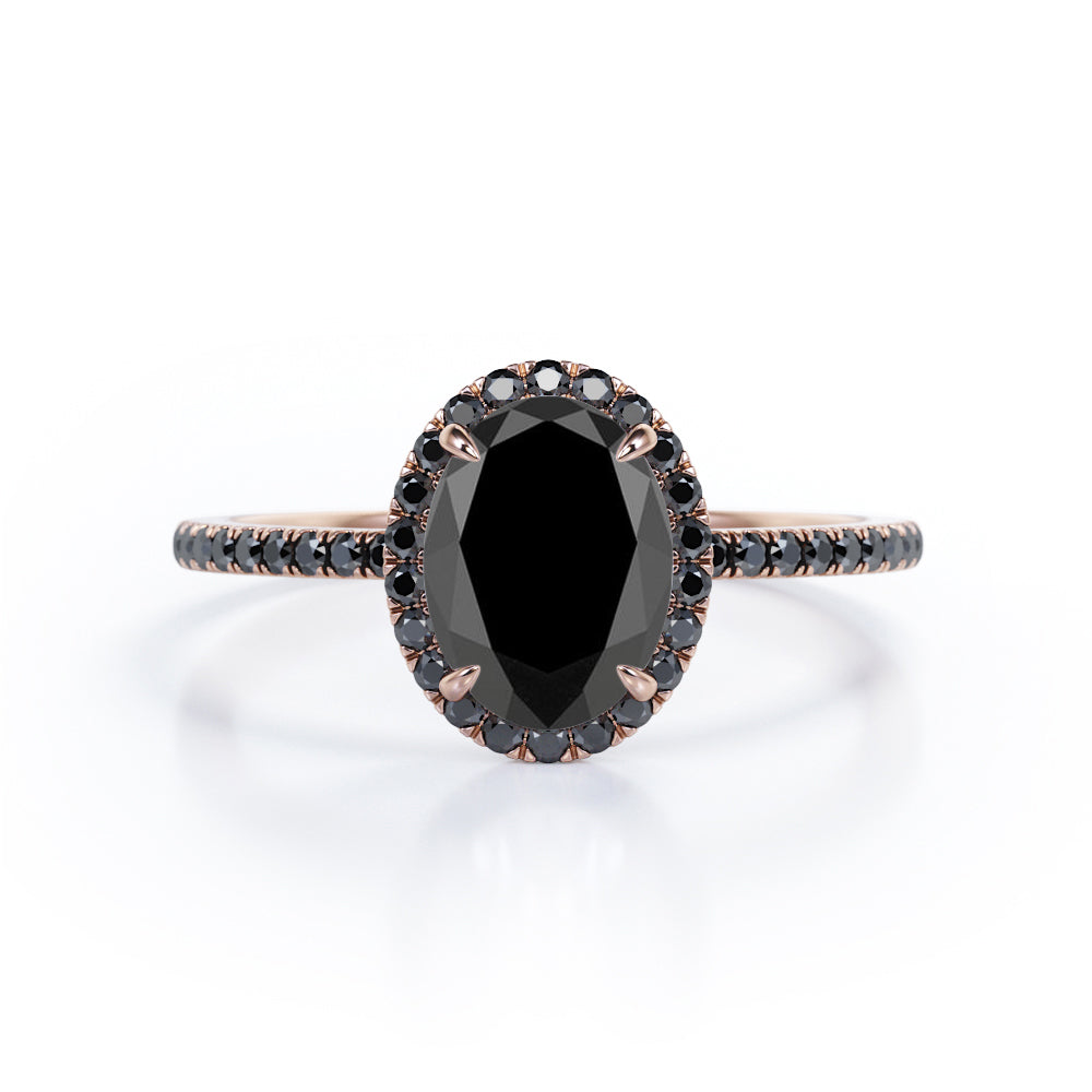 1.5 ct Oval Lab Black Diamond Halo Pave Engagement Ring