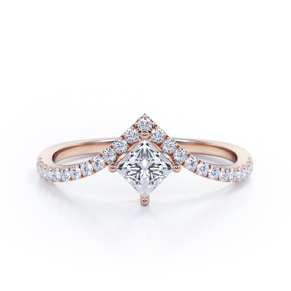 Tiara Design 0.45 Carat Princess Cut Diamond Four Prong Pave Engagement Ring In Rose Gold