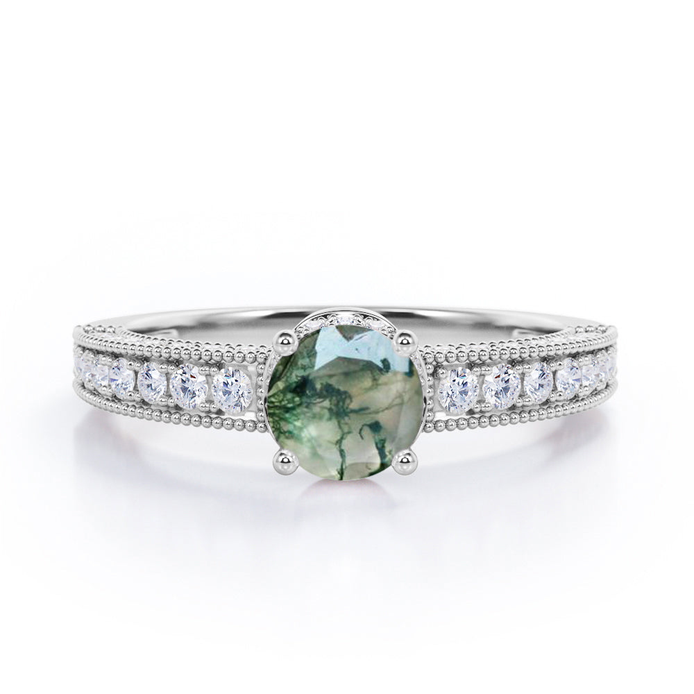 Classic Four Prong 1.45 Carat Round Cut Green Moss Agate And Diamond Vintage Milgrain Engagement Ring In Rose Gold