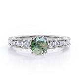 Classic Four Prong 1.45 Carat Round Cut Green Moss Agate And Diamond Vintage Milgrain Engagement Ring In Rose Gold