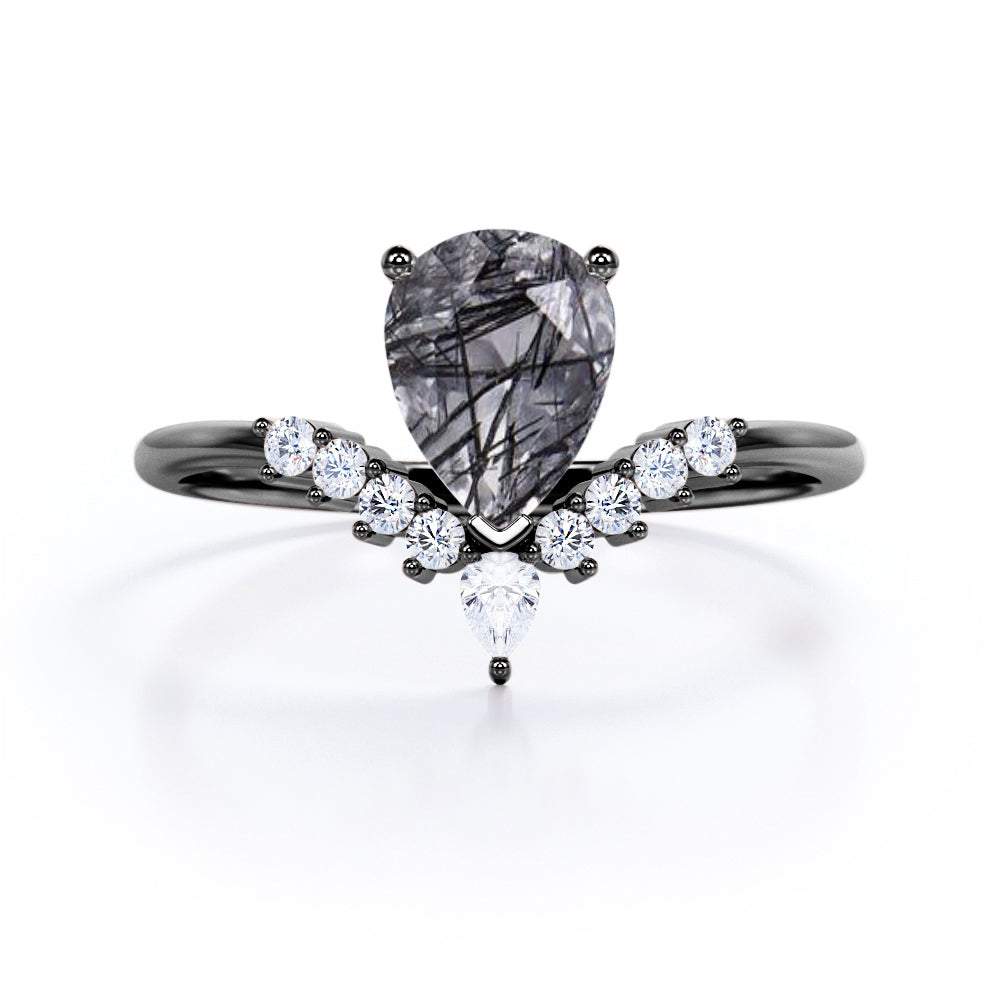 1.25 ct Pear Cut Black Rutilated Quartz V Shaped Engagement Ring