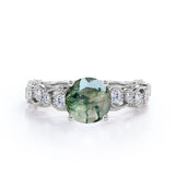 Vintage Exquisite Prong 1.50 Carat Round Cut Real Faceted Druzy Moss Green Agate and Diamond Art Deco Milgrain Engagement Ring