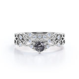 Unique Filigree 0.65 Carat Round Cut Black Needles Rutilated Quartz and Diamond Art Nouveau Wedding Ring Sets