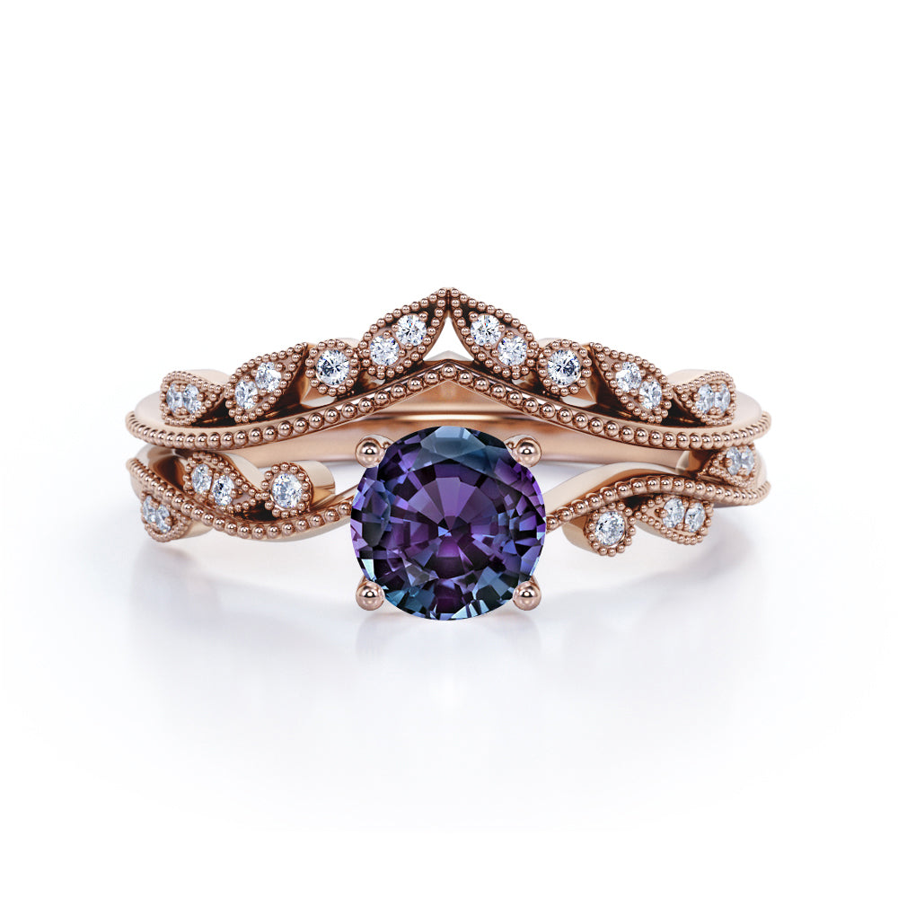 Vintage 1.50 Ct Round Lab Alexandrite Bridal Set