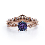 Vintage 1.50 Ct Round Lab Alexandrite Bridal Set