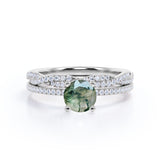 Pave 1.25 ct Round Cut Moss Agate Wedding Ring Set