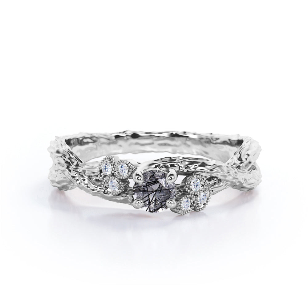 Twig 4 Claws 0.60 Carat Round Cut Dendritic Black Rutilated Quartz and Diamond Leaf Art Deco Earthy Engagement Ring