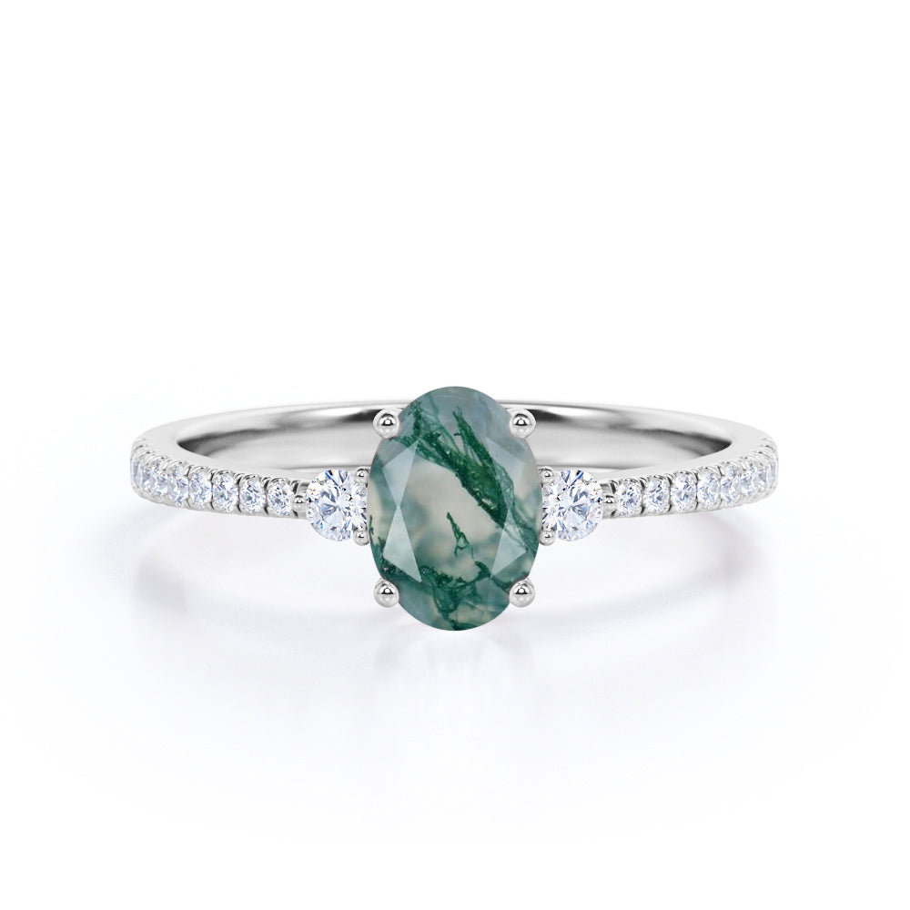Unique Three Stone 1.50 Carat Oval Cut Milky White Dendritic Moss Green Agate and Diamond Pave Engagement Ring in Rose Gold