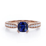 Beaded Eight Prongs 1.25 Carat Cushion Cut Sapphire And Diamond Antique Milgrain Engagement Ring In Rose Gold