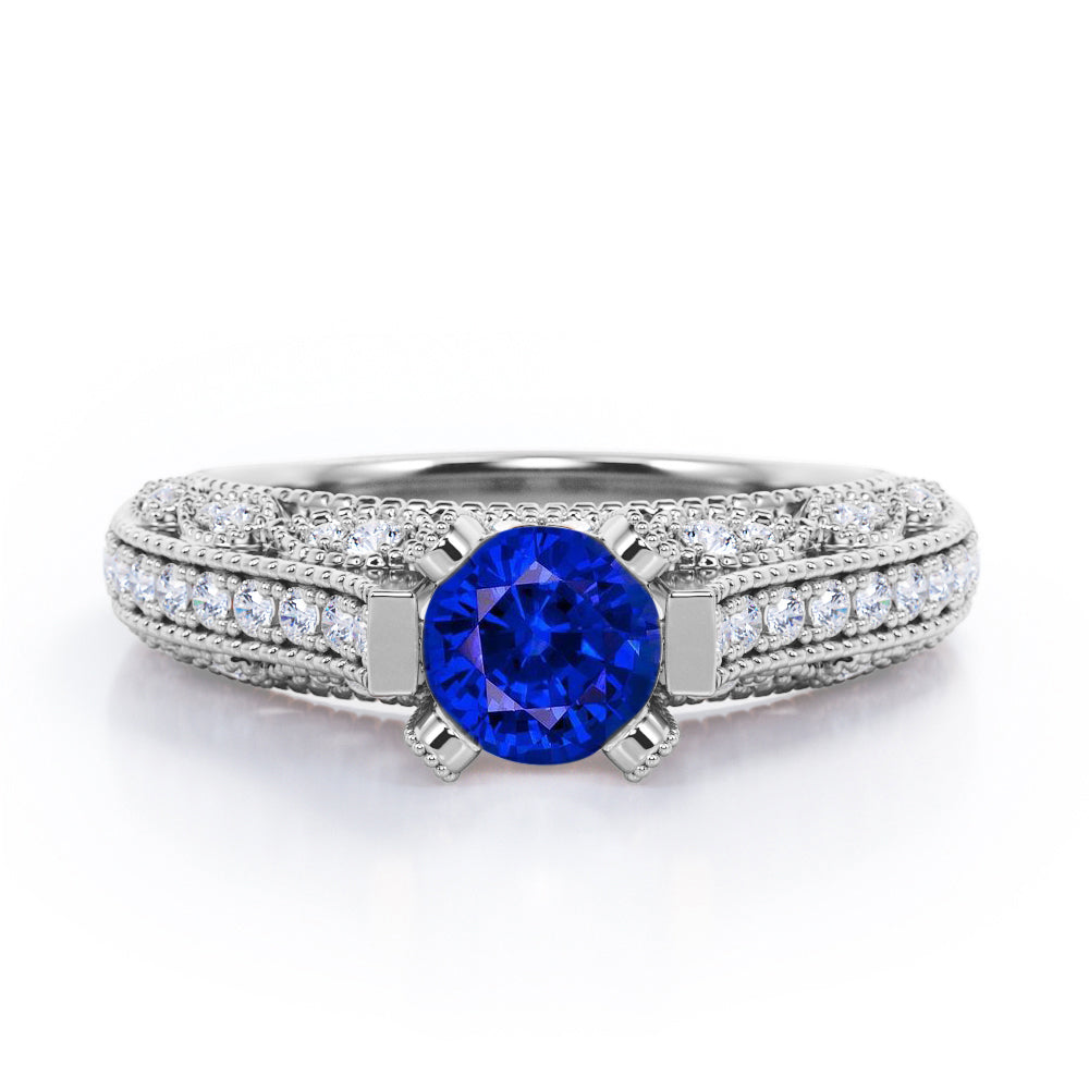 Beaded Four Prongs 1.40 Carat Round Cut Sapphire And Diamond Vintage Art Deco Engagement Ring In Rose Gold