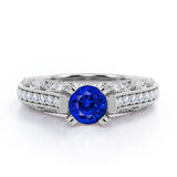 Beaded Four Prongs 1.40 Carat Round Cut Sapphire And Diamond Vintage Art Deco Engagement Ring In Rose Gold