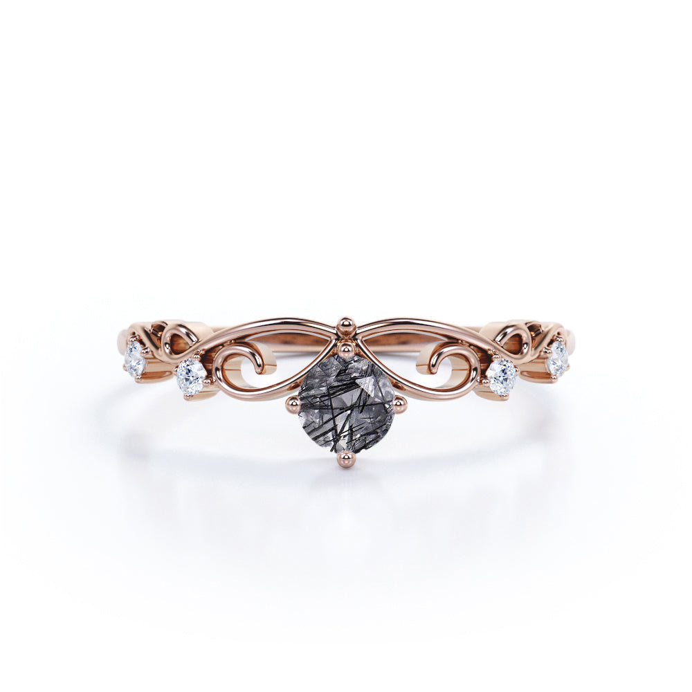 Solitaire 0.60 Carat Round Cut Druzy Black Rutilated Quartz and Diamond Twist Filigree Engagement Ring - Promise Ring