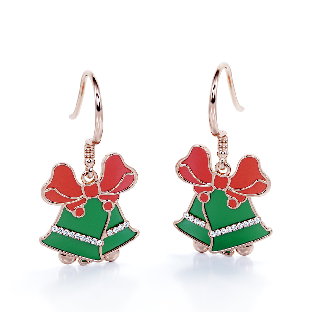 Christmas Jingle Bell Diamond Enamel Wire Hook Earrings in 18K White Gold Plating over Silver