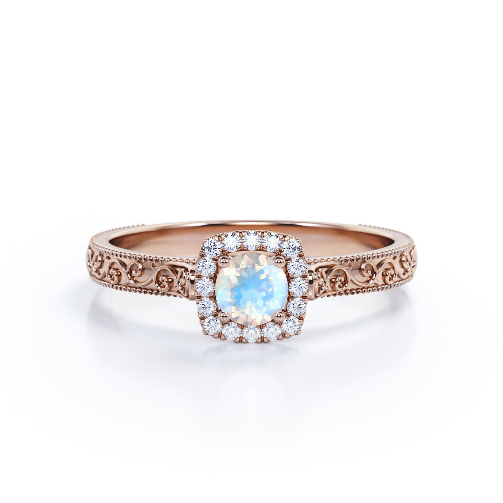 June's Vintage 0.6 carat Round Moonstone and Moissanite Engagement Ring in White Gold