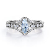 Beaded Framed 1.25 Carat Marquise Cut Aquamarine And Diamond Vintage Filigree Engagement Ring In White Gold