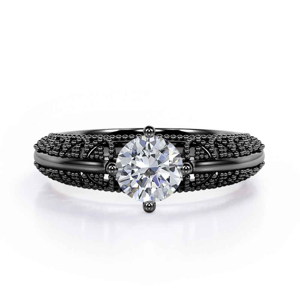 Beaded Art Deco 1 Carat Round Cut Moissanite Solitaire Engagement Ring In Rose Gold