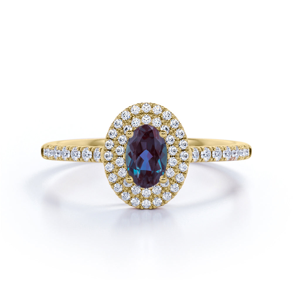 Classic Double Halo 1.50 Carat Oval Cut Simulated Blue Alexandrite and Diamond Semi Eternity Pave Engagement Ring in White Gold