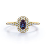 Classic Double Halo 1.50 Carat Oval Cut Simulated Blue Alexandrite and Diamond Semi Eternity Pave Engagement Ring in White Gold