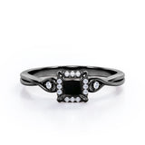 Prong and Halo 0.6 carat Princess Black Diamond Twisted Shank Engagement Ring in White Gold