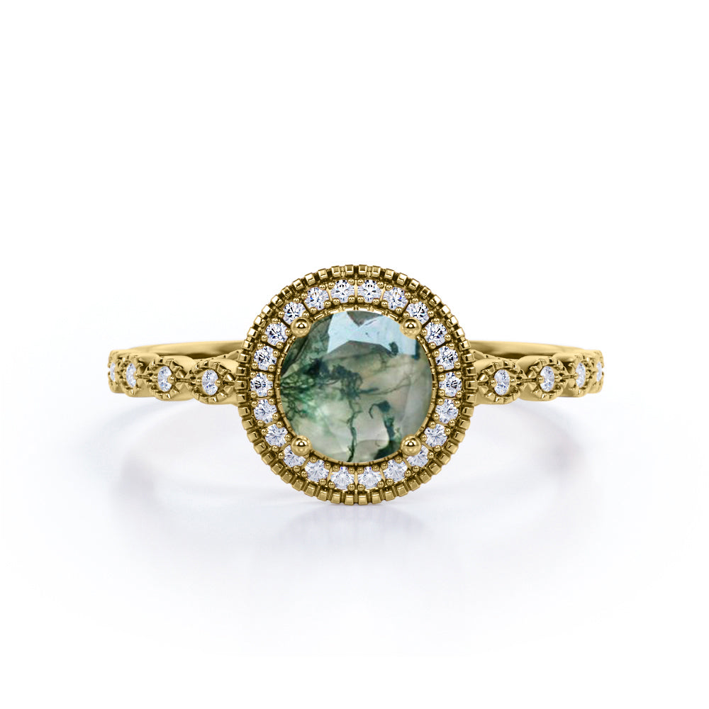Vintage 1.50 Carat Round Cut Moss Agate Engagement Ring