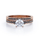 Art Deco Milgrain-Pronged 1.45 TCW Round Brilliant Cut Moissanite with Lab Created Black Diamond Pave Bridal Ring Set in White Gold