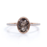 Classic Bezel Set 1.25 Carat Oval Cut Solid Dendritic Black Brown Rutilated Quartz and Diamond Pave Engagement Ring
