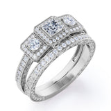 1.25 Carat Princess Cut Moissanite And Diamond Three Stone Trilogy Wedding Ring Set In White Gold