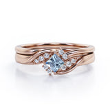 Petite Pave-Channel - 0.55 TCW Rhombus Princess Cut Aquamarine and Moissanite - Prong Tensioned Wedding Ring Set -  Rose Gold