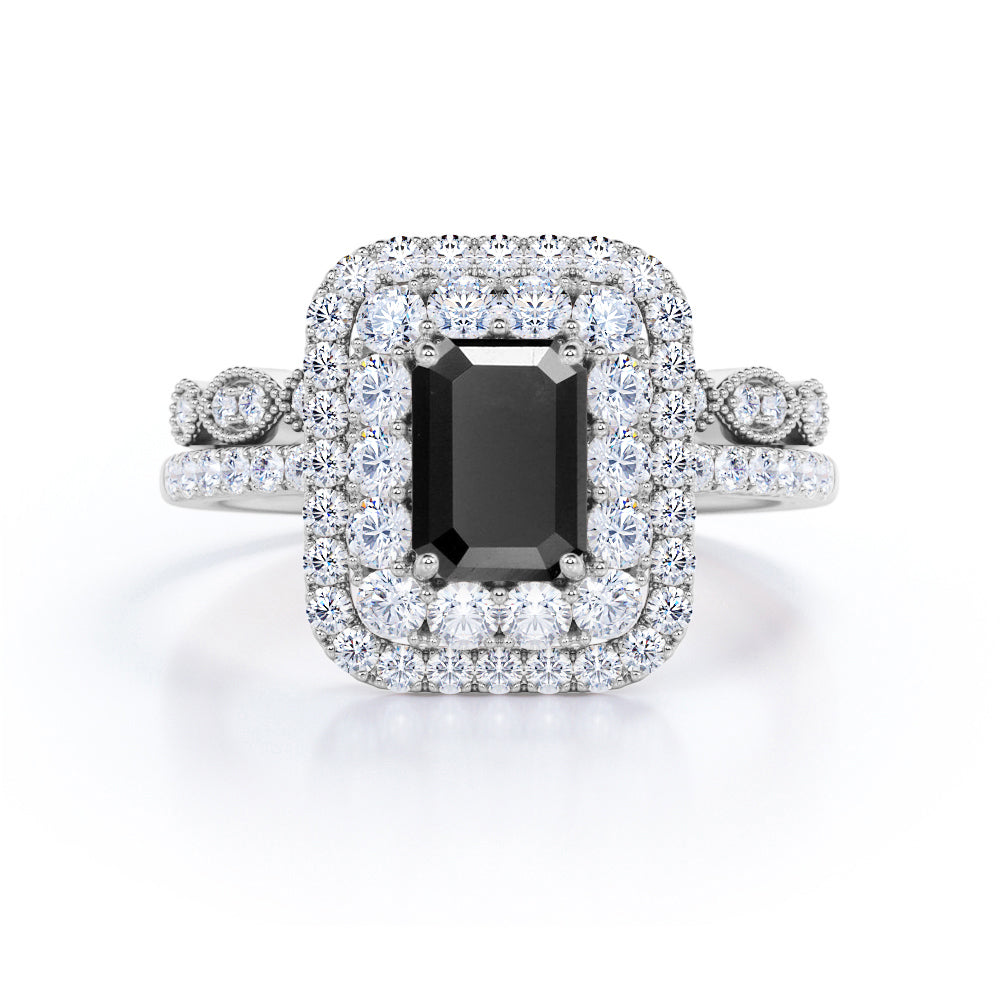 Artdeco Double Halo 2 Carat Emerald cut Lab Black Diamond Wedding Bridal Ring Set in Rose Gold