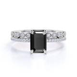 Affordable 1.50 Carat Emerald cut Lab Black Diamond Antique Wedding Ring Set in White Gold