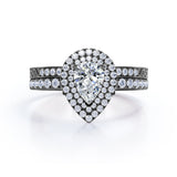 1.75 Carat Double Halo Vintage Moissanite and Diamond Pave Ring Pear Cut Milgrain Bridal Set in Rose Gold