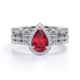 Classic Pave 2.50 Carat Pear Shape Lab Ruby and Diamond Halo Trio Bridal Set with Art Deco Bands in White Gold