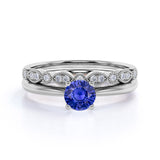 Art Deco 1.15 Ct Round Cut Lab Sapphire Bridal Set