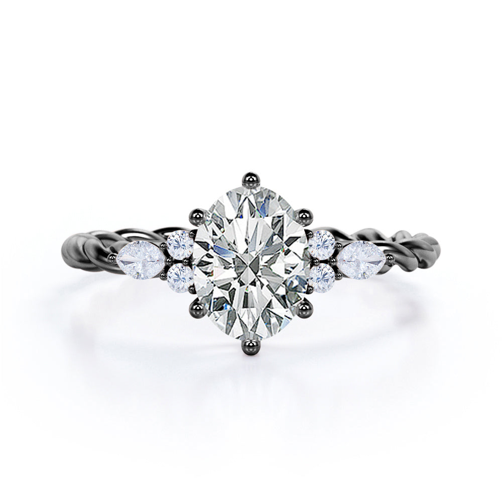 Twisted Rope Shank 0.55 carat Oval Moissanite and Diamond Engagement Ring in Rose Gold