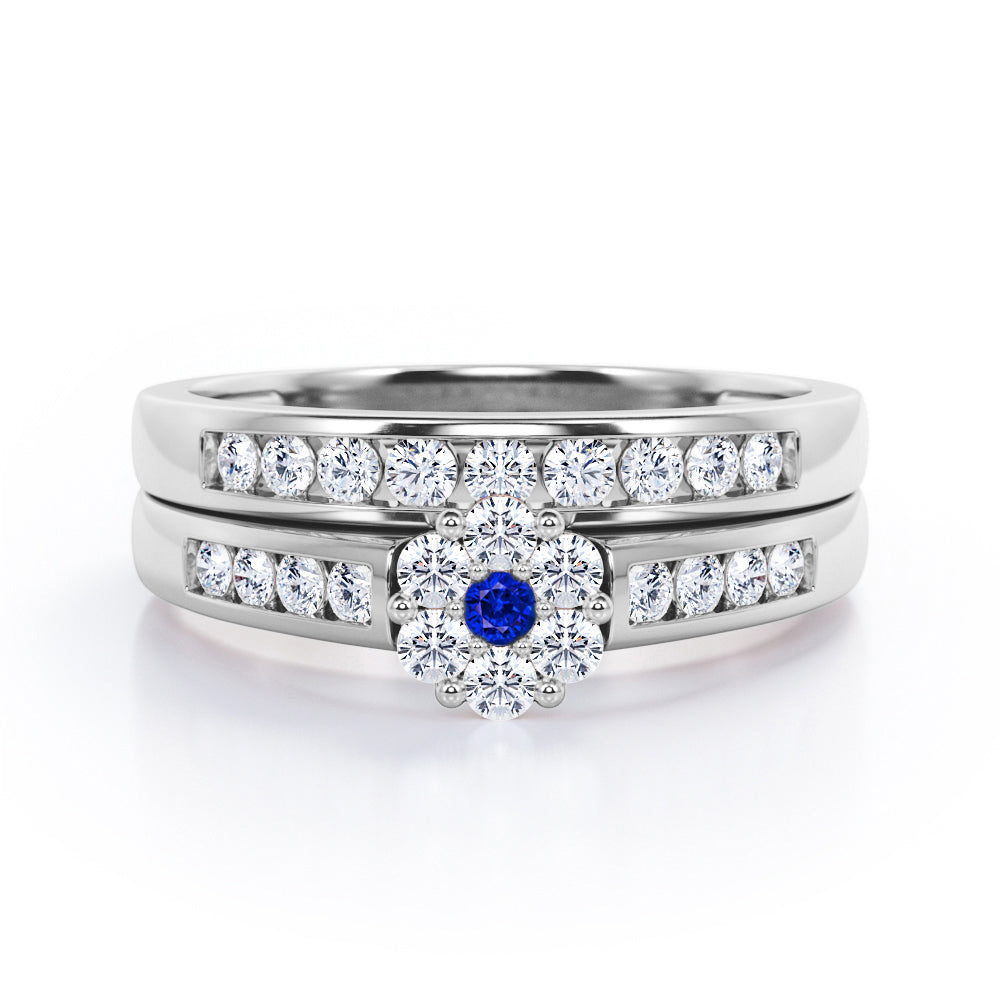 Flower Cluster Design 0.5 TCW Round-Shaped Blue Sapphire and Moissanite Flush-Channel Bridal Ring Set in Rose Gold