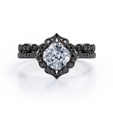 Vintage Filigree Halo - 1.65 TCW Cushion Cut Moissanite with Lab Created Black Diamond - Pave Accented Bridal Ring Set in White Gold