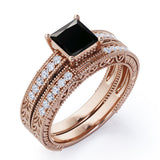 1.50 carat princess cut Black Diamond vintage milgrain bridal set ring in white gold