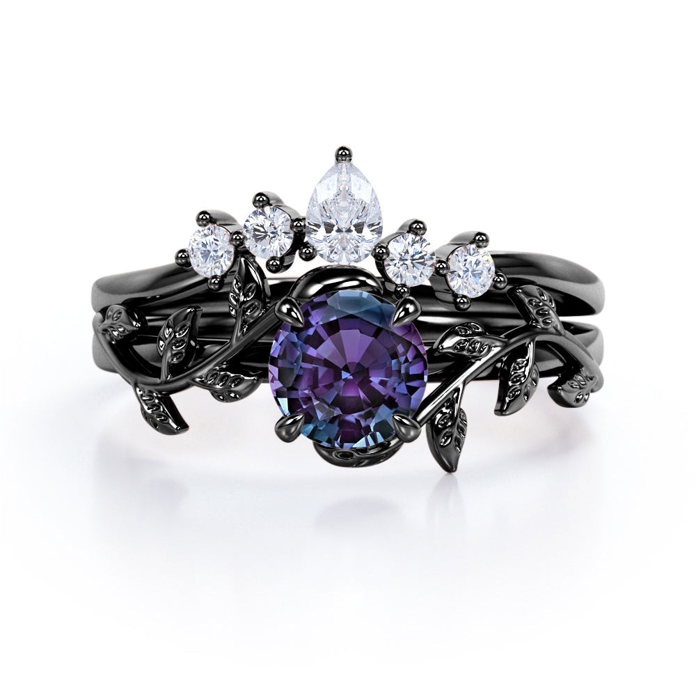 Nature Inspired 1.20 Carat Round Cut Lab Created Alexandrite And Diamond Leaf Vine Art Wedding Ring Set In White Gold For Her