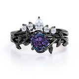 Nature Inspired 1.20 Carat Round Cut Lab Created Alexandrite And Diamond Leaf Vine Art Wedding Ring Set In White Gold For Her