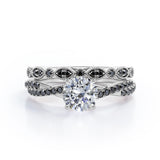 Art Deco Pave Infinity 1.65 TCW Round-Shaped Moissanite with Lab Created Black Diamond Basket Cathedral Wedding Set in White Gold