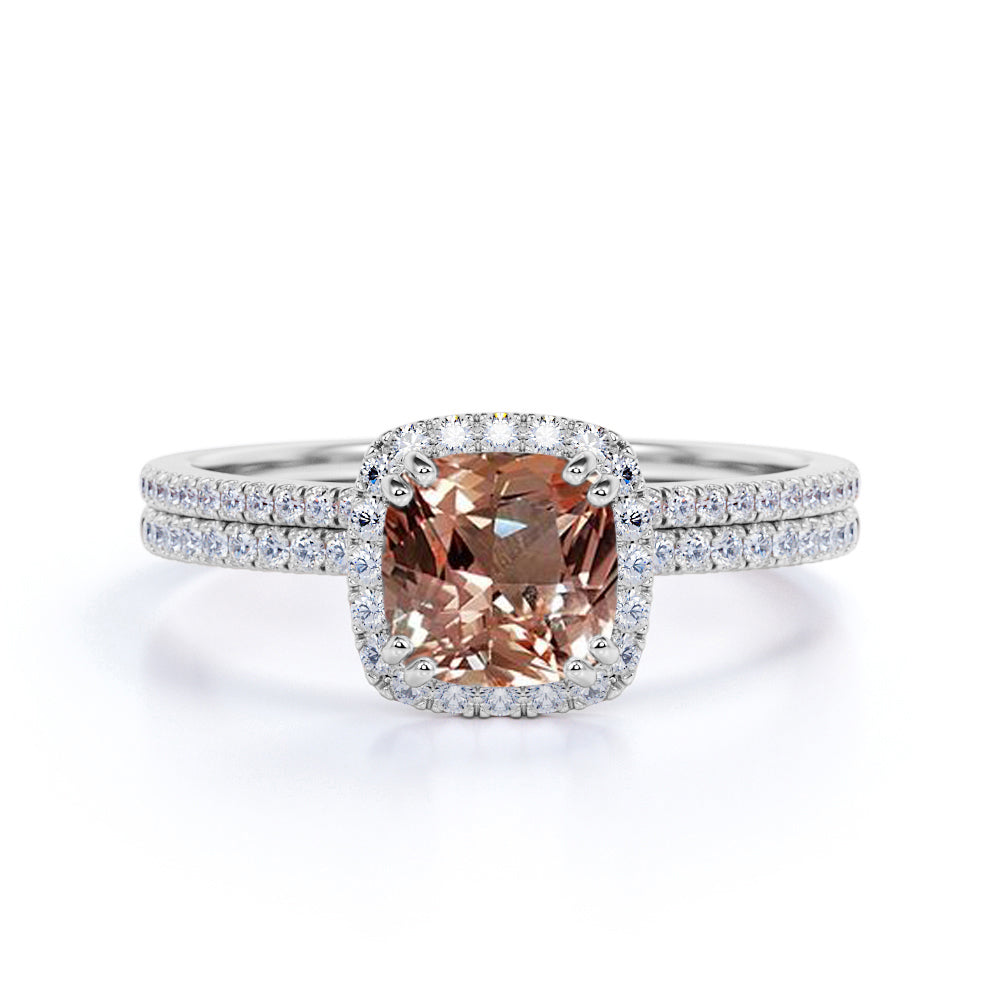 1.5 Carat Cushion Cut Peach Morganite and Diamond Wedding Ring Set in 10k Rose Gold Flawless Ring