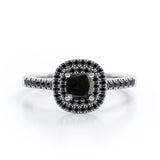 Double Halo Style - 1.45 TCW Princess Cut Lab Created Black Diamond - Scalloped Pave Engagement Ring in White Gold