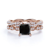 1.25 Carat Princess cut Lab Black Diamond Wedding Ring Set in Rose Gold