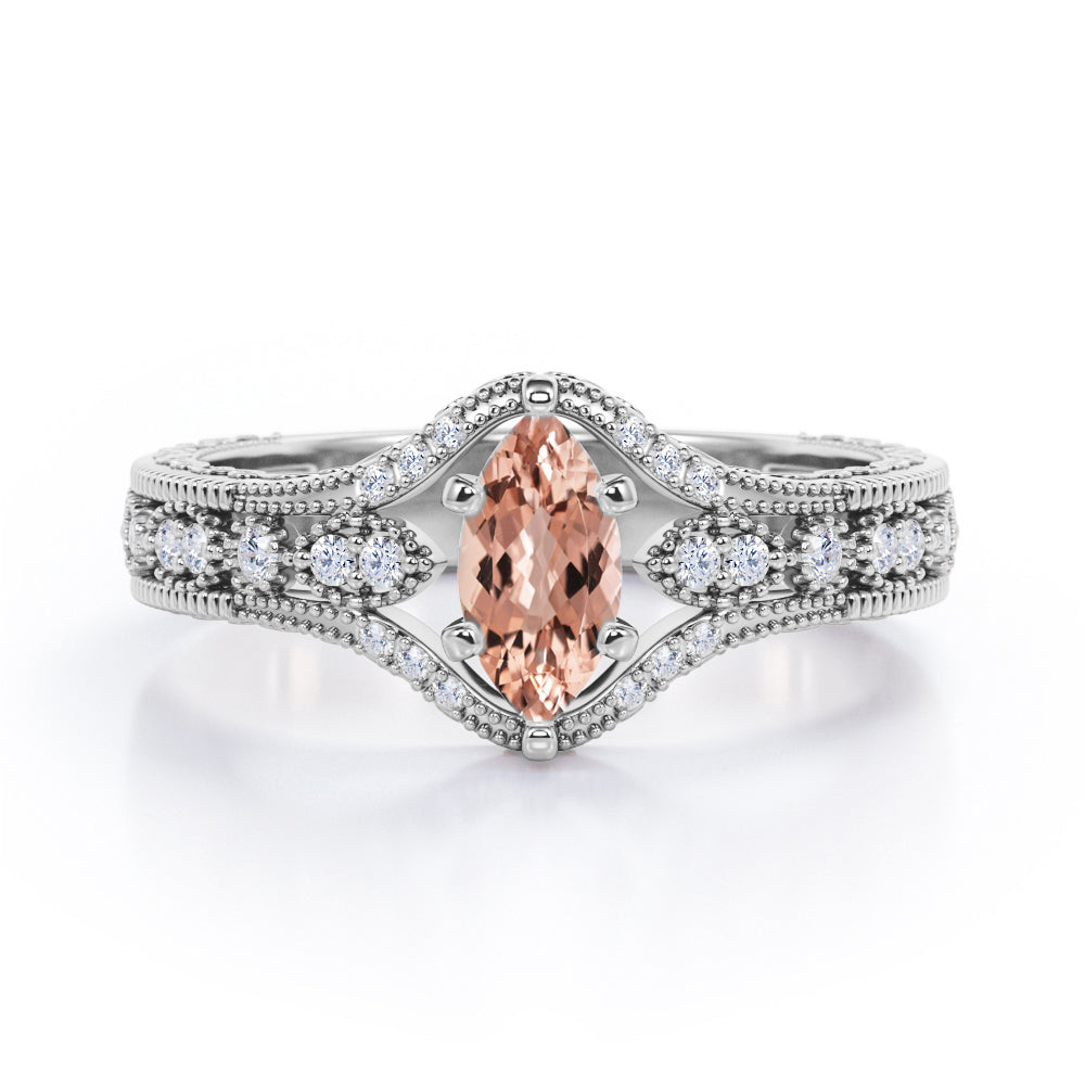 Beaded Framed 1.25 Carat Marquise Cut Morganite And Diamond Vintage Filigree Engagement Ring In Rose Gold