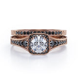 Filigree Pave Channel 1.6 TCW Round Moissanite with Lab Created Black Diamond Double Prong Cluster Wedding Set in Black Gold