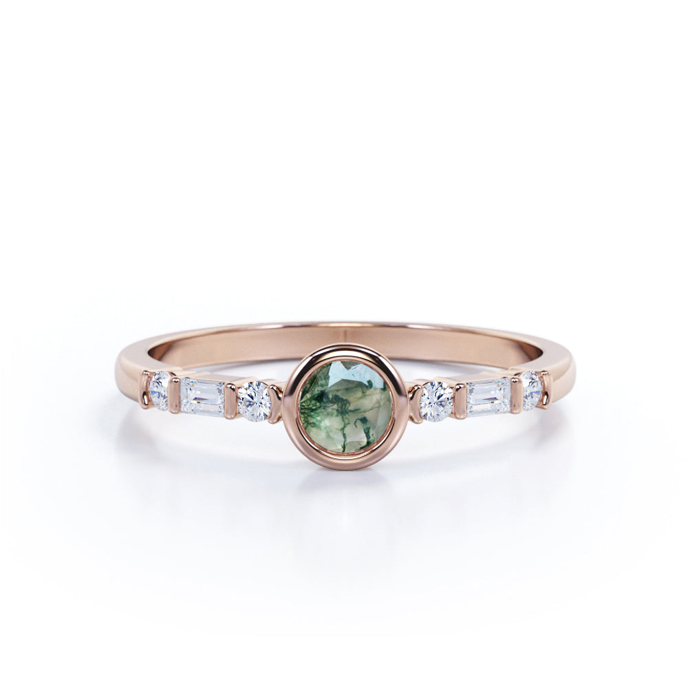 Elegant 7 Stone Ring 0.6 carat Round Moss Agate and Moissanite Bezel Engagement Ring in White Gold