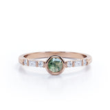 Elegant 7 Stone Ring 0.6 carat Round Moss Agate and Moissanite Bezel Engagement Ring in White Gold