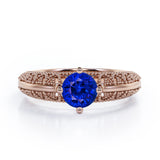 Beaded Art Deco 1 Carat Round Cut Sapphire Solitaire Engagement Ring In Rose Gold