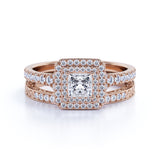 1.25 ct - Square Cut Moissanite - Pave Set - Split Band - Double Halo Engagement Ring -  Bridal Set - 18K Rose Gold over Silver